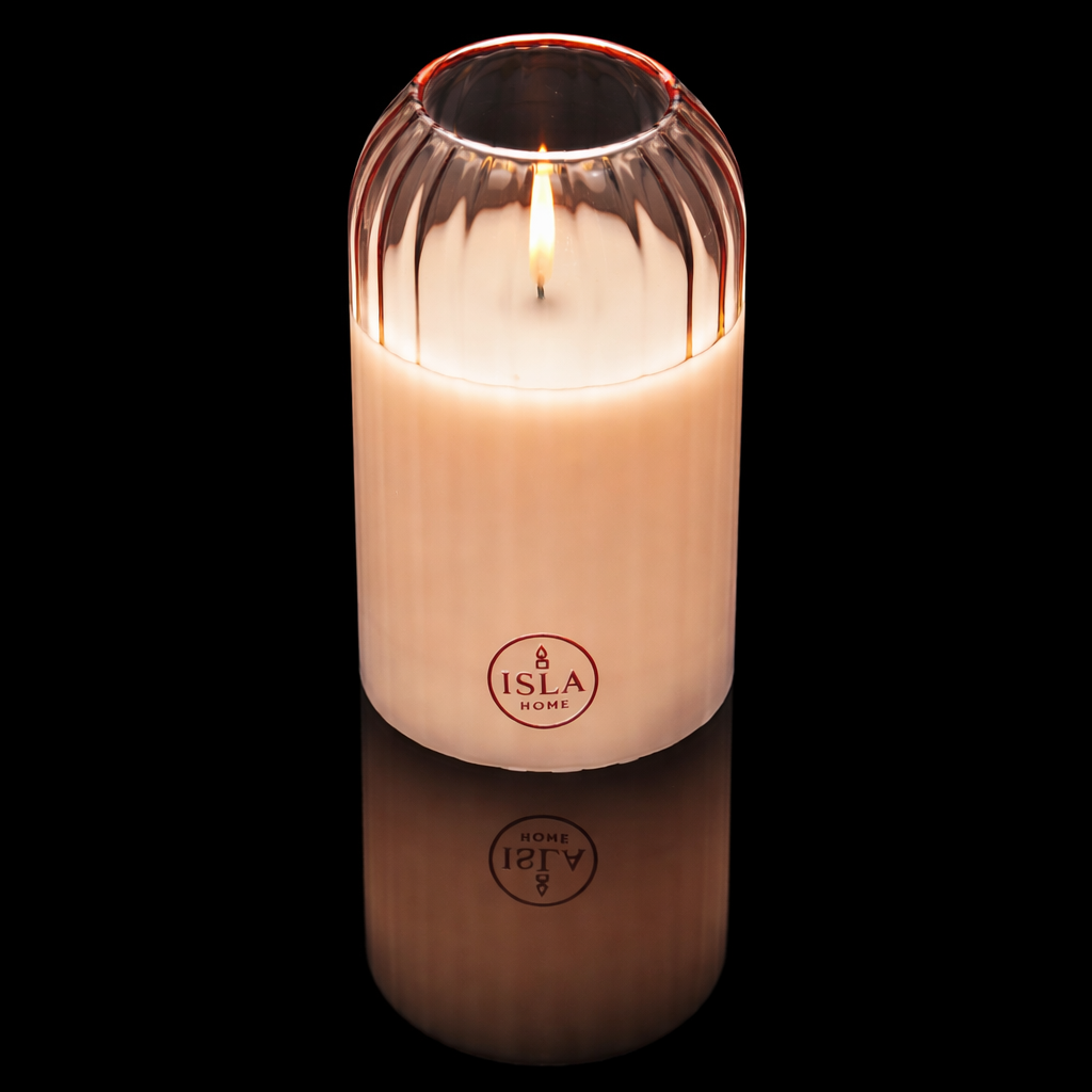 ISLA HOME Kaars Lamp Beige Lijnen – Dimbaar – Warm Sfeerlicht – Glazen Design