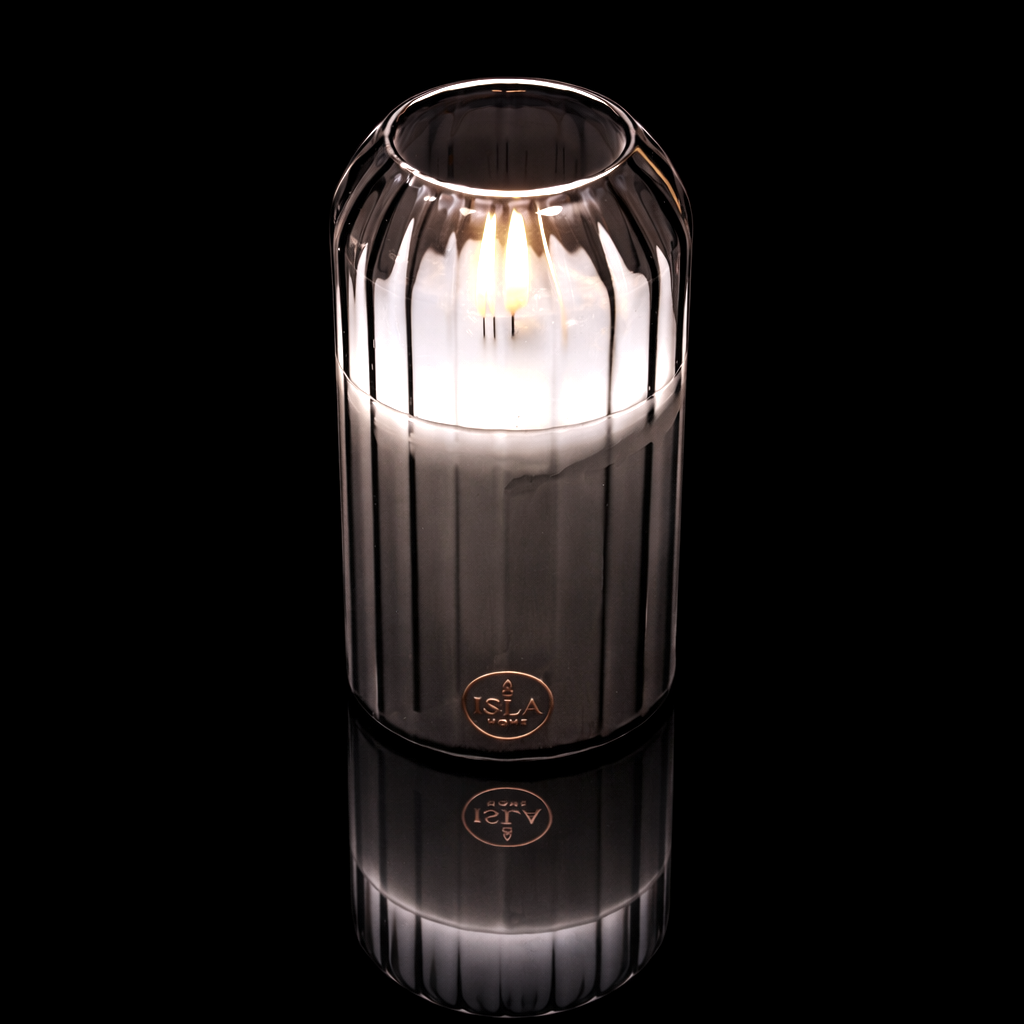 ISLA HOME 3DKaars Lamp Grijs Lijnen – Dimbaar – Warm Sfeerlicht – Glazen Design
