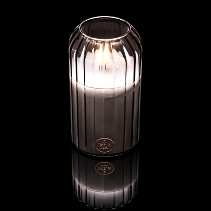 ISLA HOME 3DKaars Lamp Grijs Lijnen – Dimbaar – Warm Sfeerlicht – Glazen Design