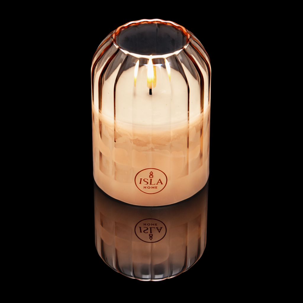 ISLA HOME Kaars Lamp Beige Lijnen – Dimbaar – Warm Sfeerlicht – Glazen Design