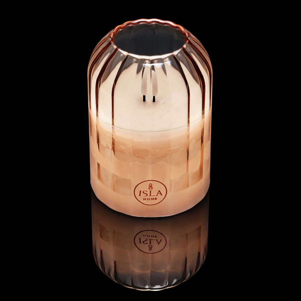 ISLA HOME Kaars Lamp Beige Lijnen – Dimbaar – Warm Sfeerlicht – Glazen Design