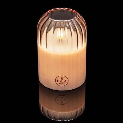ISLA HOME Kaars Lamp Beige Lijnen – Dimbaar – Warm Sfeerlicht – Glazen Design
