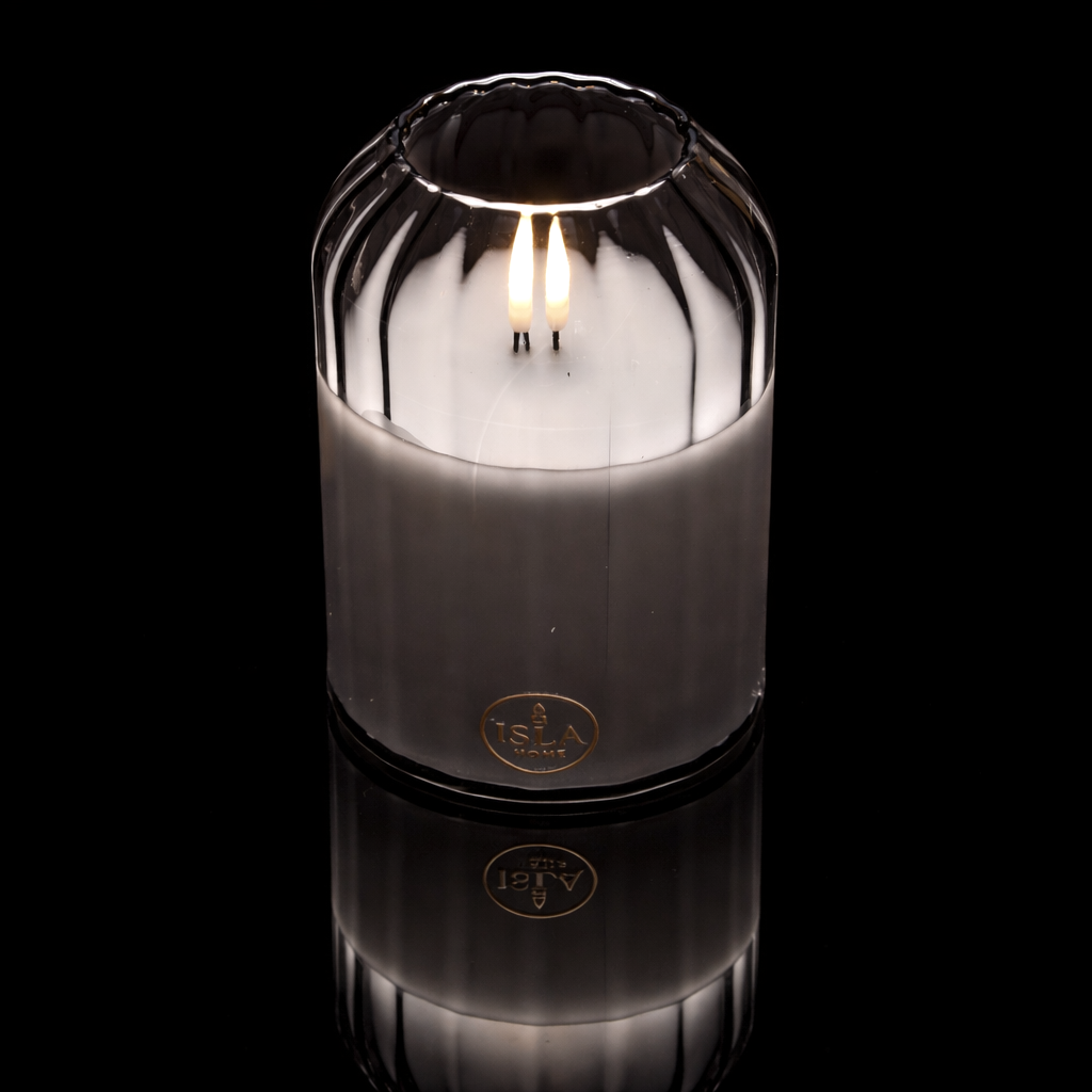 ISLA HOME 3DKaars Lamp Grijs Lijnen – Dimbaar – Warm Sfeerlicht – Glazen Design