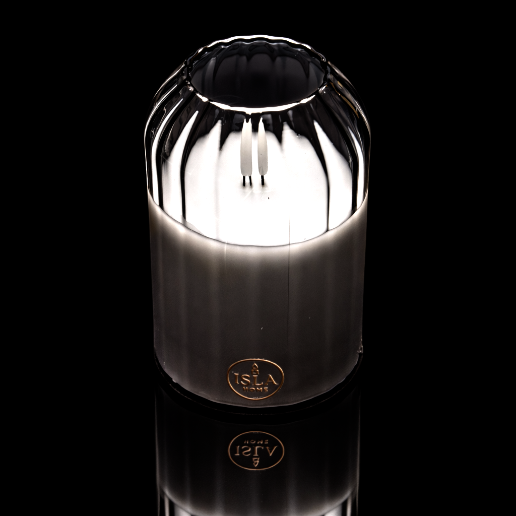 ISLA HOME 3DKaars Lamp Grijs Lijnen – Dimbaar – Warm Sfeerlicht – Glazen Design
